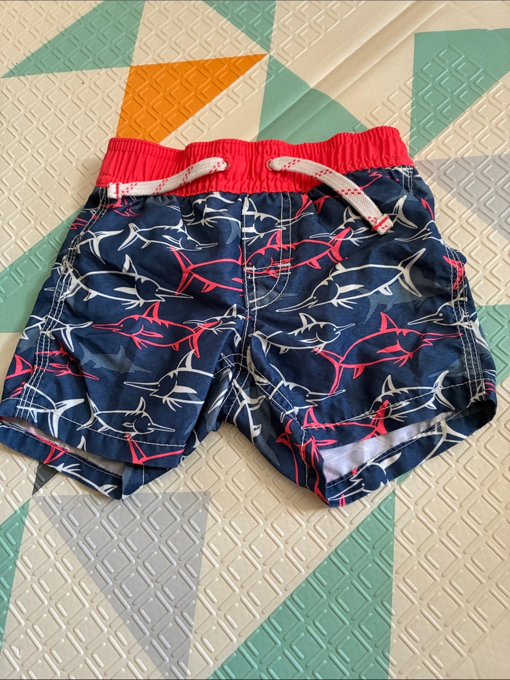 20/25$ 🧸 Kids Navy Shark Print Swim Shorts with Red Waistband
